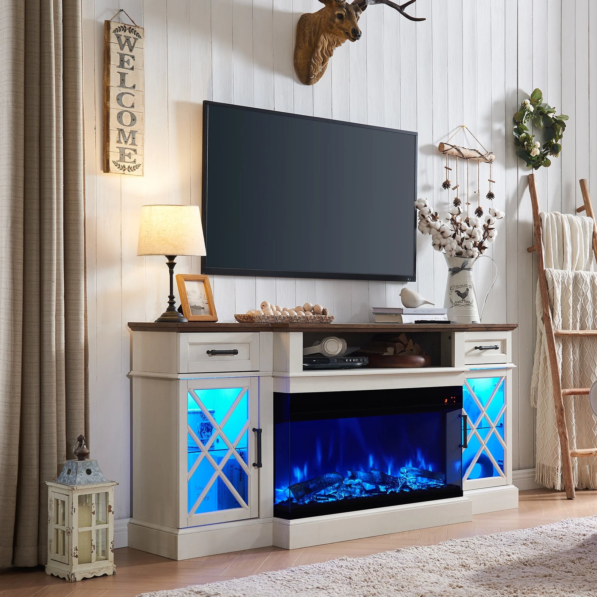 3-Sided Glass Farmhouse 70" Fireplace TV Stand for Tvs up to 80", Highboy Entertainment Center with 36" Electric Fireplace, Antique White