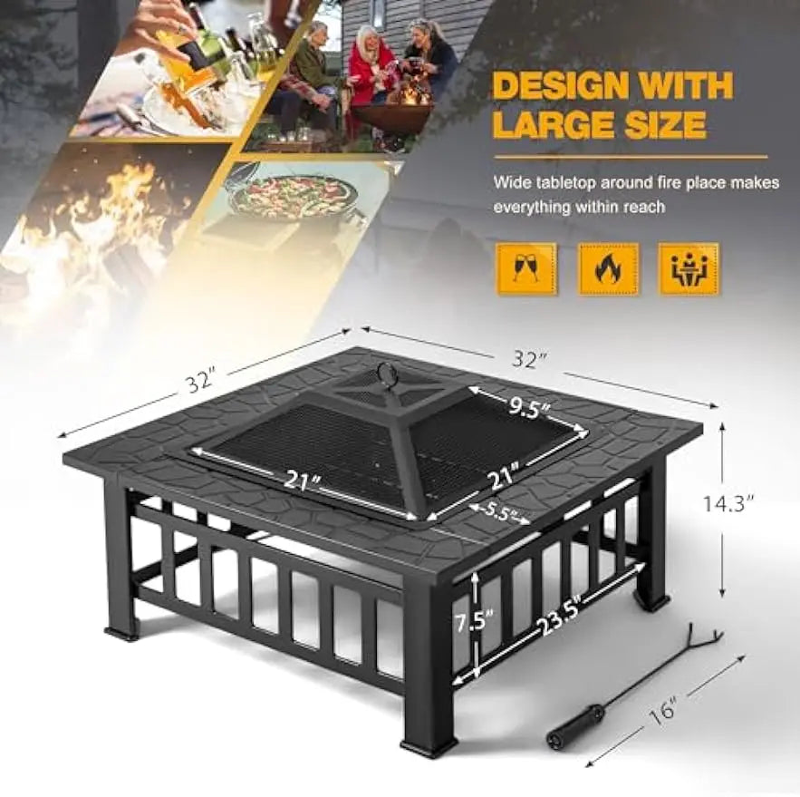 32 Inch Metal Outdoor Fire Pit Table Multiuse Square Patio BBQ Firepit with Spark Screen Lid and Waterproof Cover for Camping