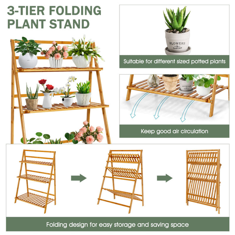 3-Tier Bamboo Plant Stand Foldable Display Shelf for Balcony