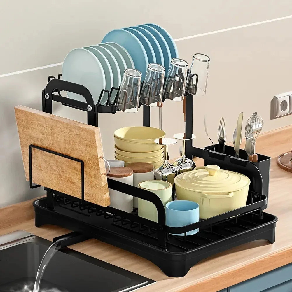 2 Tier Dish Bowl Drainer Storage Rack Kitchen Dish Drying Rack with Drain Basket Countertop Dinnerware Organizer Drainboard