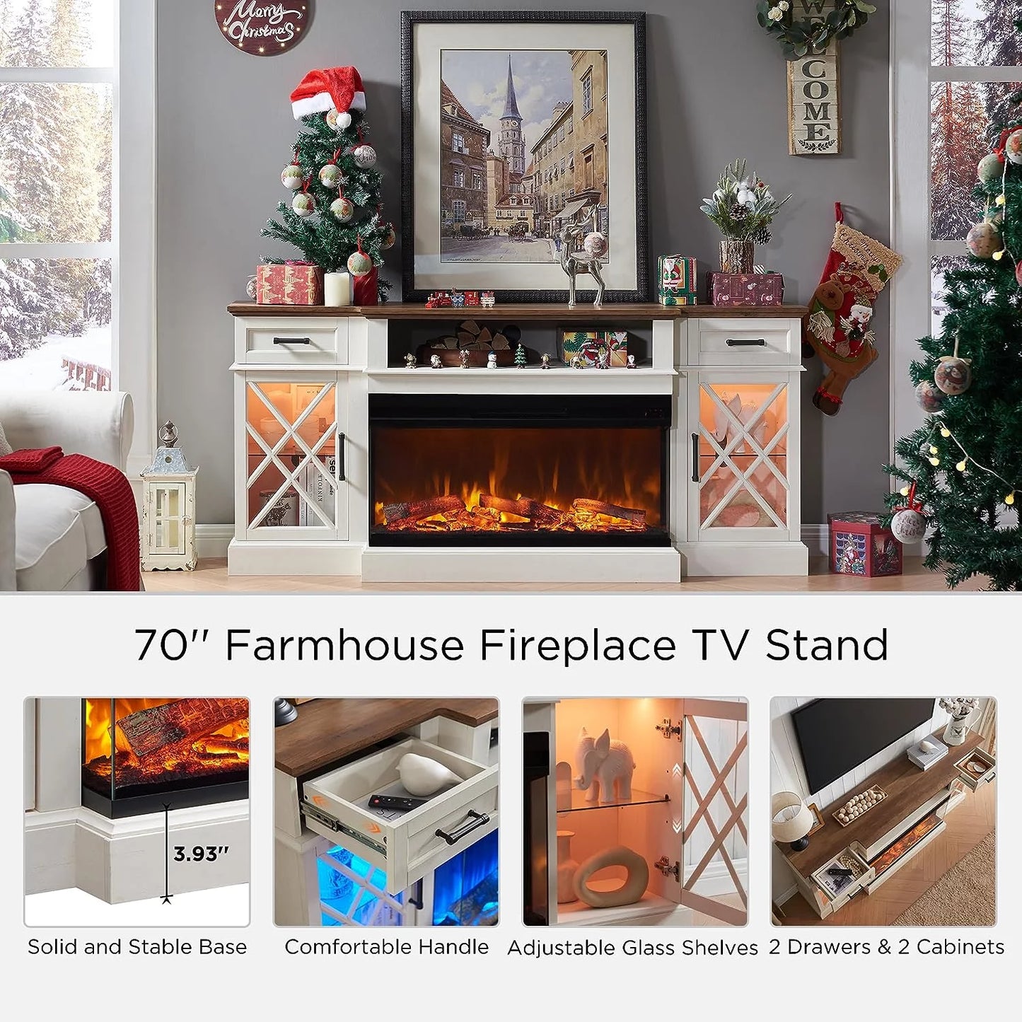 3-Sided Glass Farmhouse 70" Fireplace TV Stand for Tvs up to 80", Highboy Entertainment Center with 36" Electric Fireplace, Antique White