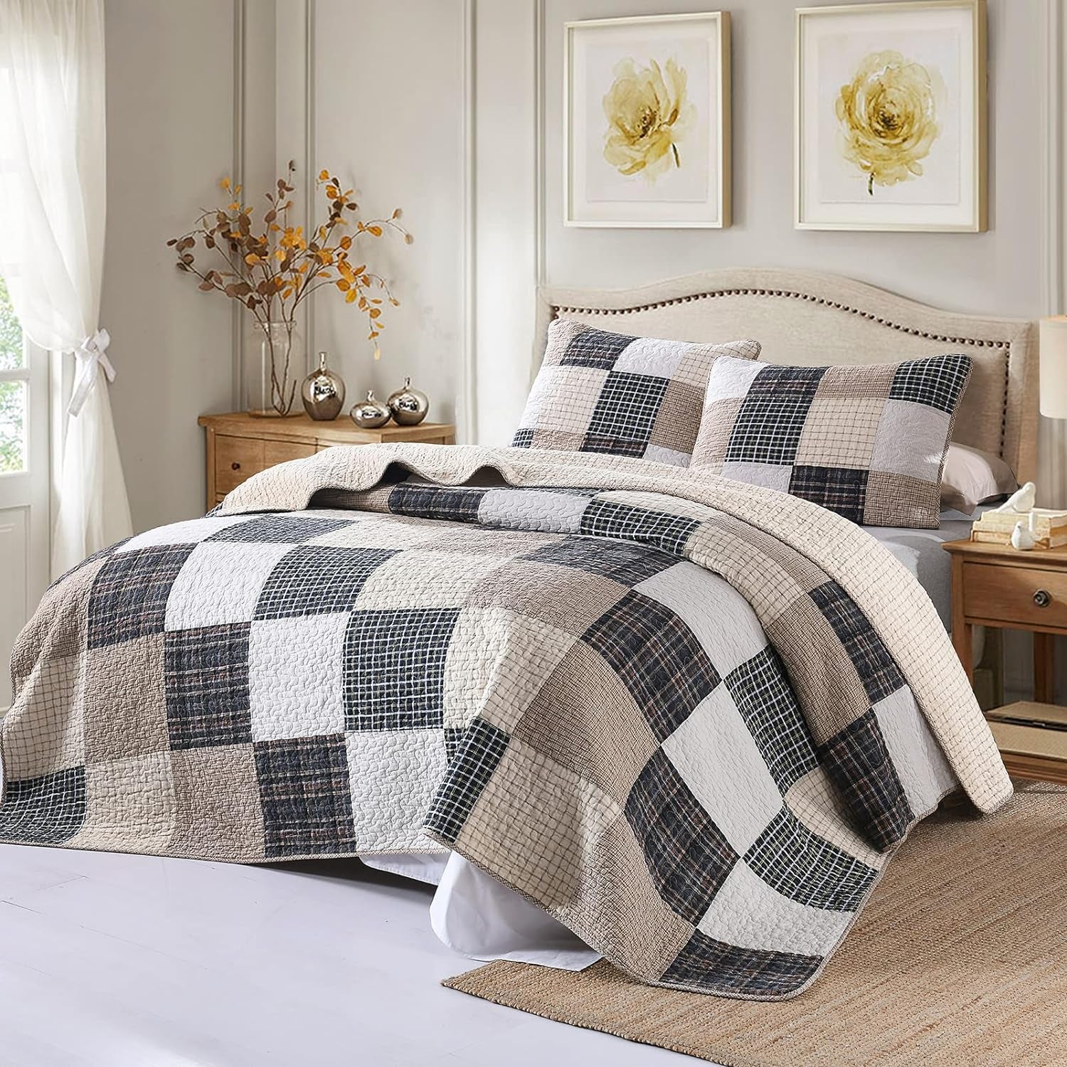 Quilt King Size, 100%Cotton King Size Quilt Set, Brown Khaki Black White Patchwork Plaid King Size Bedspread, Lightweight Reversible Soft Summer King Quilt Bedding Set, 3-Pieces…