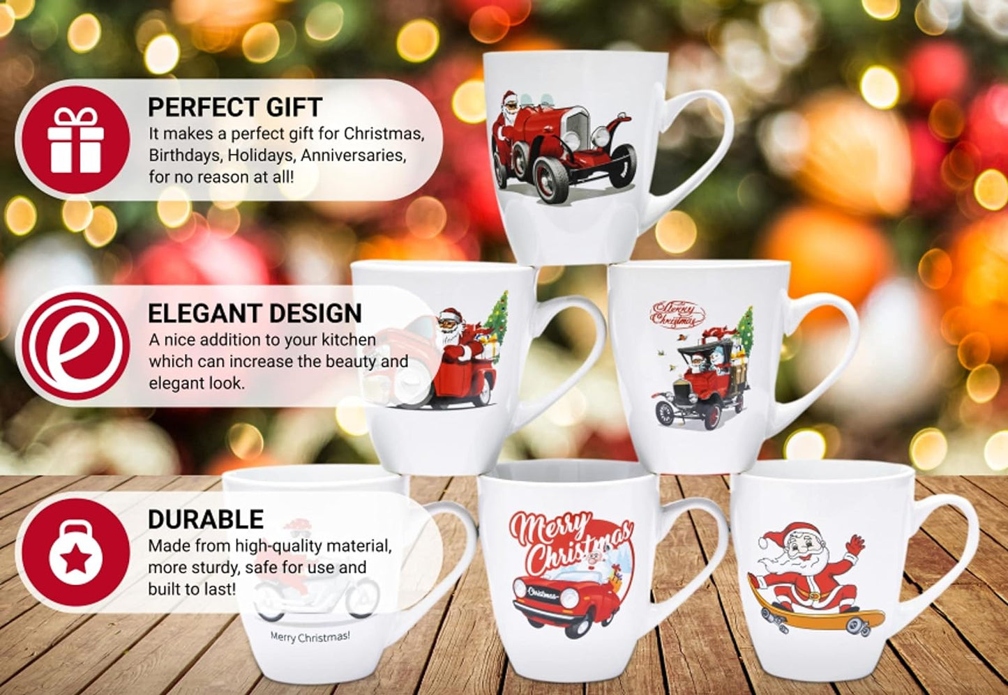 Coffee Mugs Set of 6 Large-Sized 16 Ounce Christmas Holiday Ceramic Mug - Holiday Coffee Mug Funny Novelty Mugs Decorative Christmas Gift, Christmas White