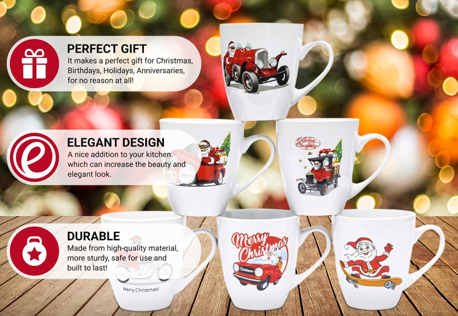 Coffee Mugs Set of 6 Large-Sized 16 Ounce Christmas Holiday Ceramic Mug - Holiday Coffee Mug Funny Novelty Mugs Decorative Christmas Gift, Christmas White