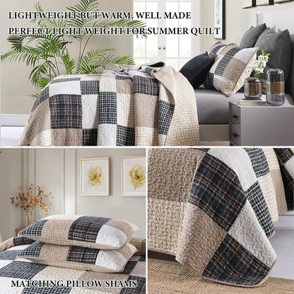 Quilt King Size, 100%Cotton King Size Quilt Set, Brown Khaki Black White Patchwork Plaid King Size Bedspread, Lightweight Reversible Soft Summer King Quilt Bedding Set, 3-Pieces…