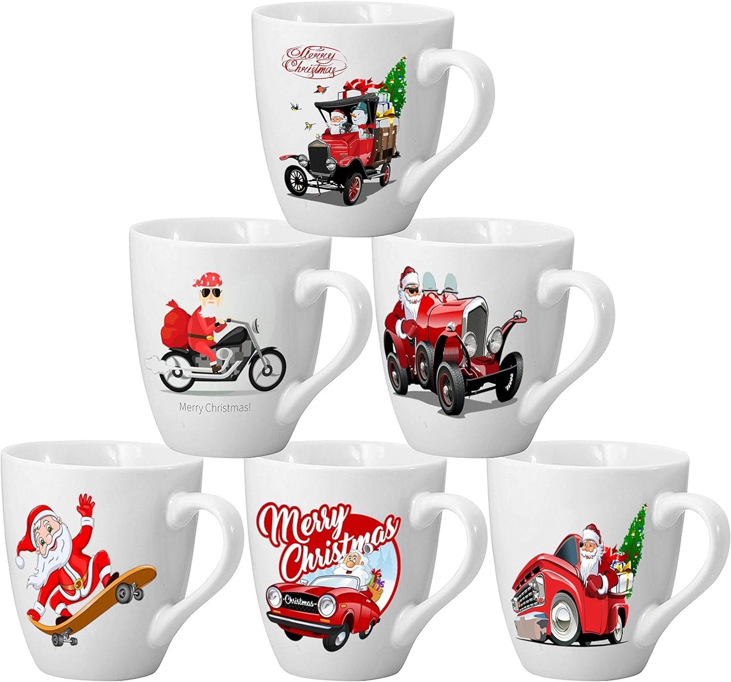 Coffee Mugs Set of 6 Large-Sized 16 Ounce Christmas Holiday Ceramic Mug - Holiday Coffee Mug Funny Novelty Mugs Decorative Christmas Gift, Christmas White