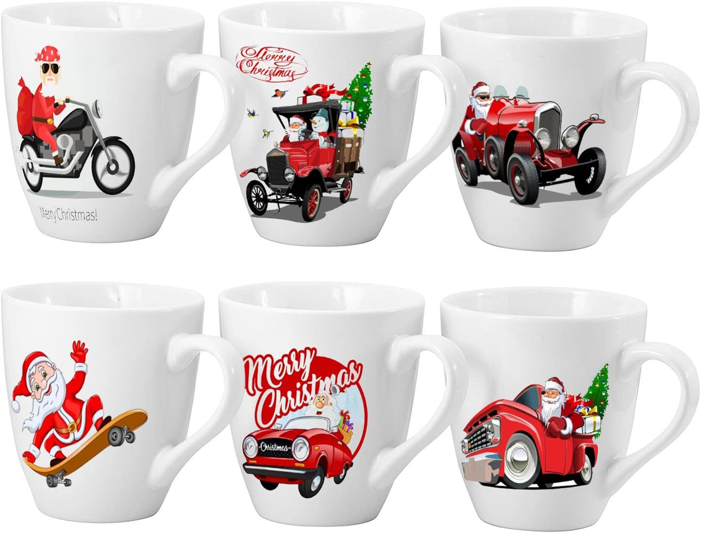 Coffee Mugs Set of 6 Large-Sized 16 Ounce Christmas Holiday Ceramic Mug - Holiday Coffee Mug Funny Novelty Mugs Decorative Christmas Gift, Christmas White