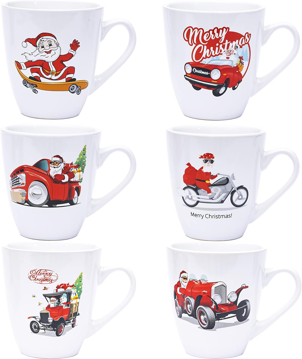 Coffee Mugs Set of 6 Large-Sized 16 Ounce Christmas Holiday Ceramic Mug - Holiday Coffee Mug Funny Novelty Mugs Decorative Christmas Gift, Christmas White