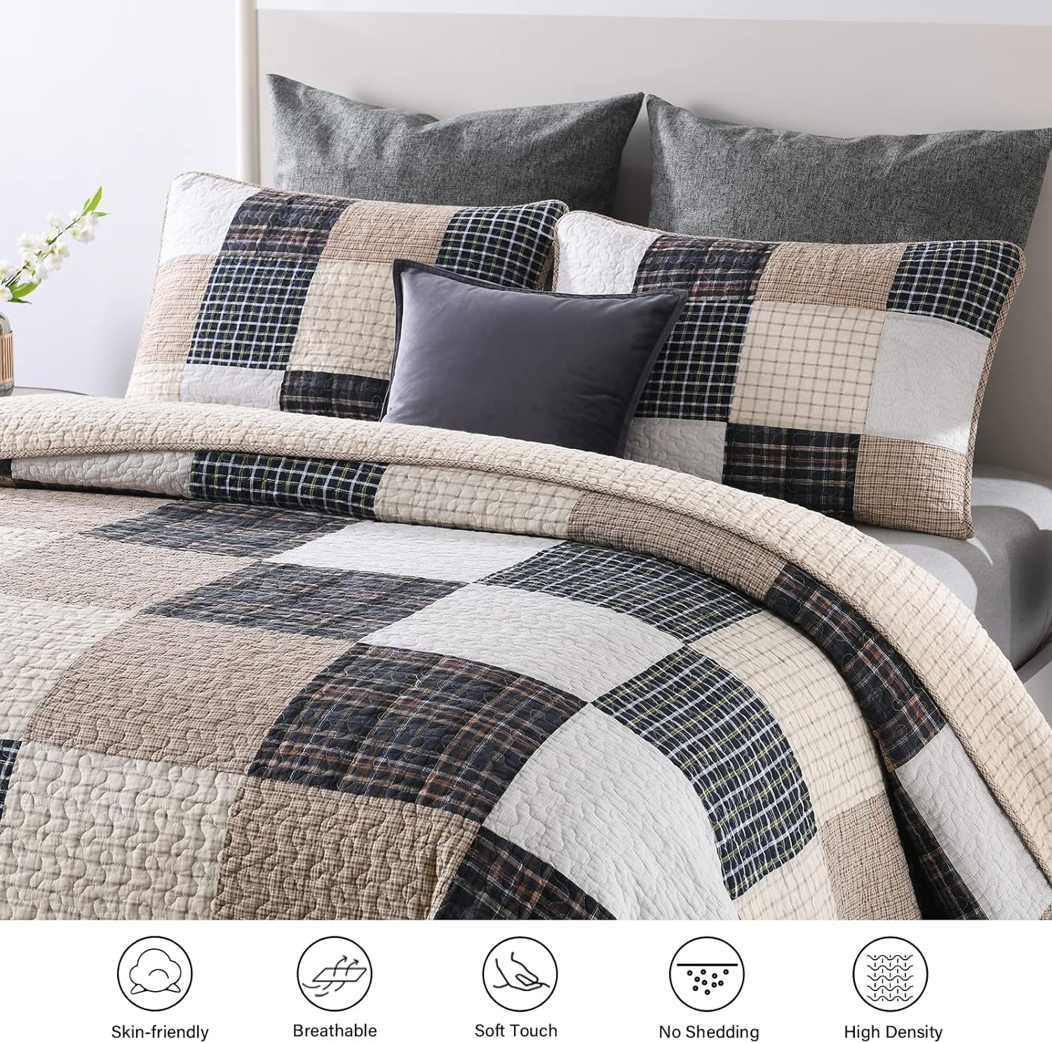 Quilt King Size, 100%Cotton King Size Quilt Set, Brown Khaki Black White Patchwork Plaid King Size Bedspread, Lightweight Reversible Soft Summer King Quilt Bedding Set, 3-Pieces…