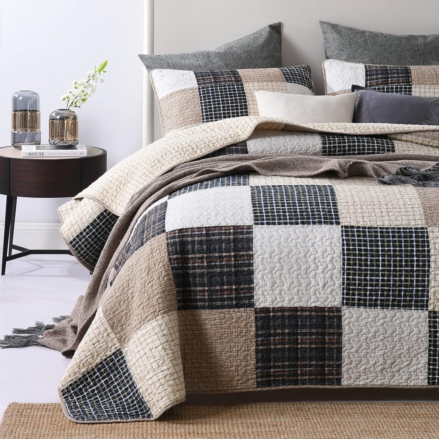 Quilt King Size, 100%Cotton King Size Quilt Set, Brown Khaki Black White Patchwork Plaid King Size Bedspread, Lightweight Reversible Soft Summer King Quilt Bedding Set, 3-Pieces…