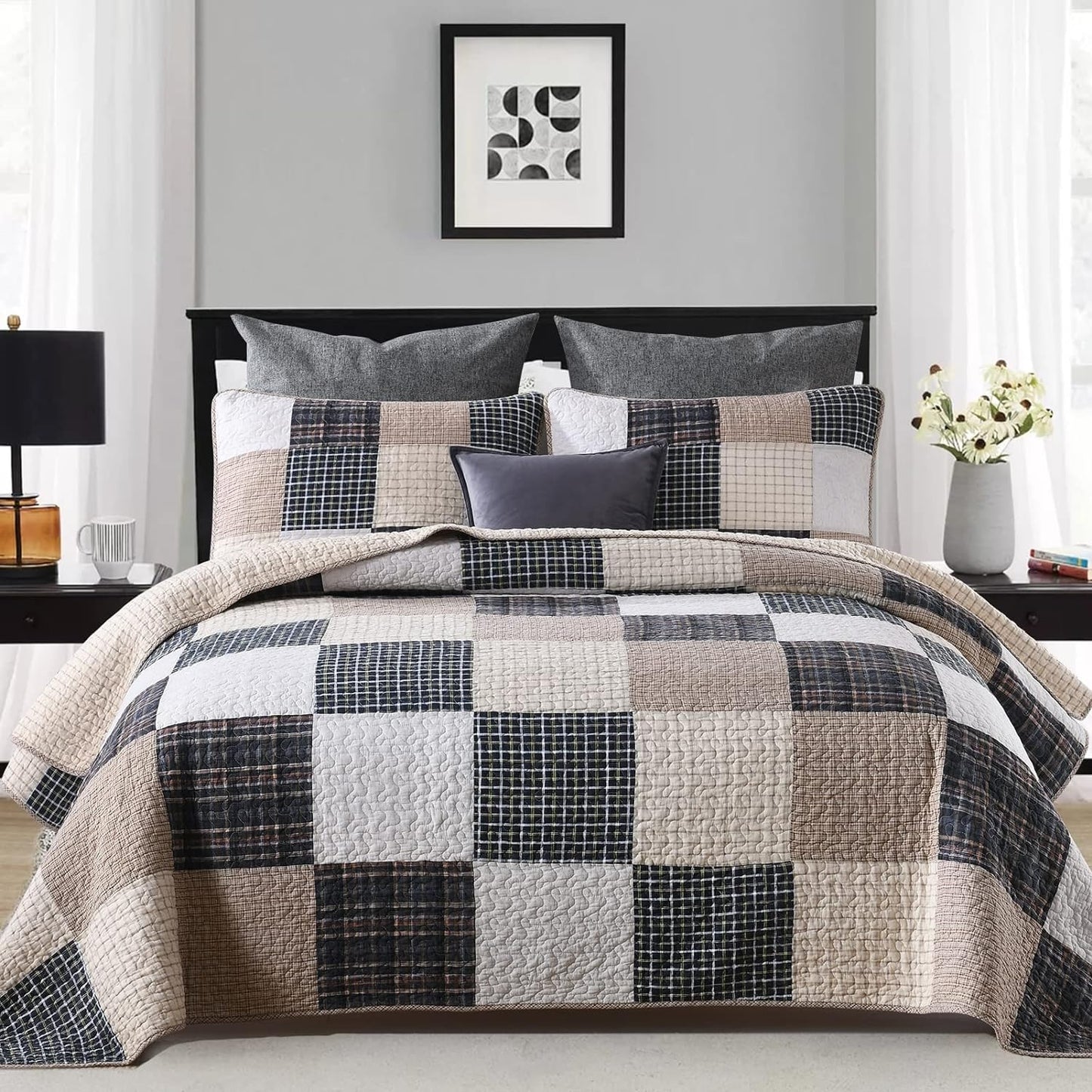 Quilt King Size, 100%Cotton King Size Quilt Set, Brown Khaki Black White Patchwork Plaid King Size Bedspread, Lightweight Reversible Soft Summer King Quilt Bedding Set, 3-Pieces…