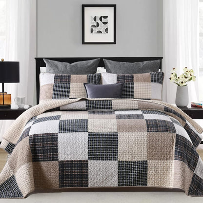 Quilt King Size, 100%Cotton King Size Quilt Set, Brown Khaki Black White Patchwork Plaid King Size Bedspread, Lightweight Reversible Soft Summer King Quilt Bedding Set, 3-Pieces…