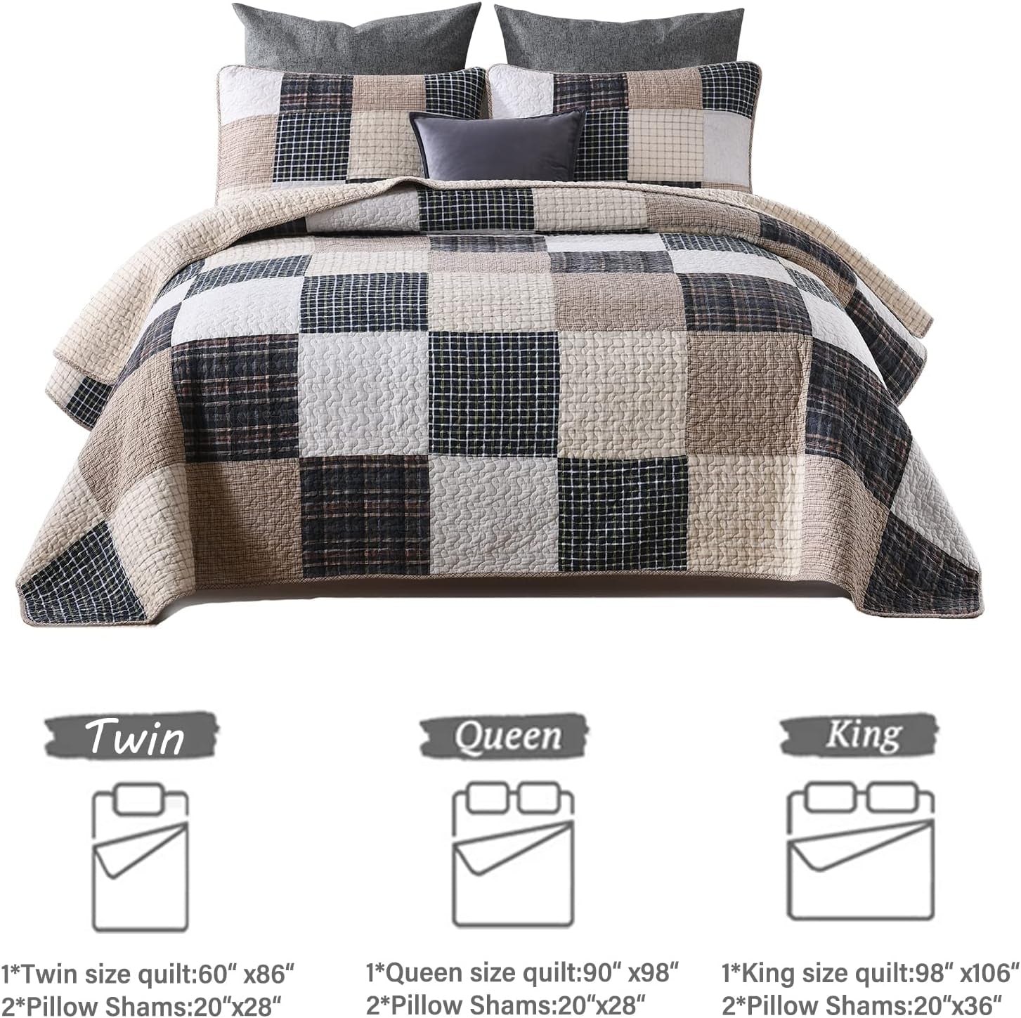 Quilt King Size, 100%Cotton King Size Quilt Set, Brown Khaki Black White Patchwork Plaid King Size Bedspread, Lightweight Reversible Soft Summer King Quilt Bedding Set, 3-Pieces…